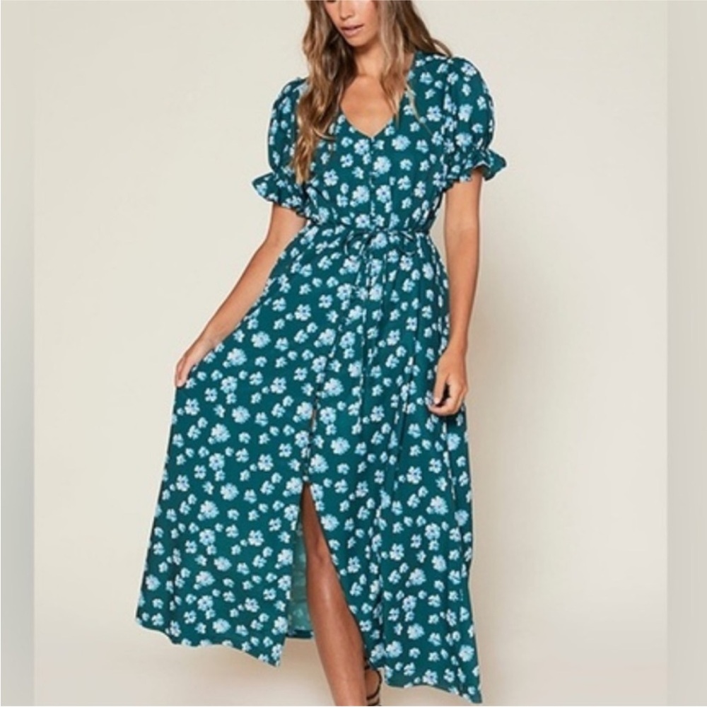 Outerknown Short Sleeve Green Floral Midi Dress XS